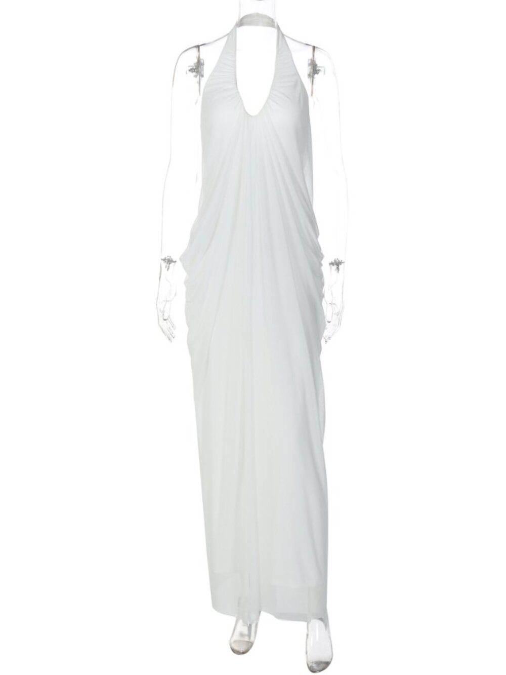 Stunning Sheer Mesh Overlay Halter Dress | Chic White Backless Sundress - Picture 2 of 8
